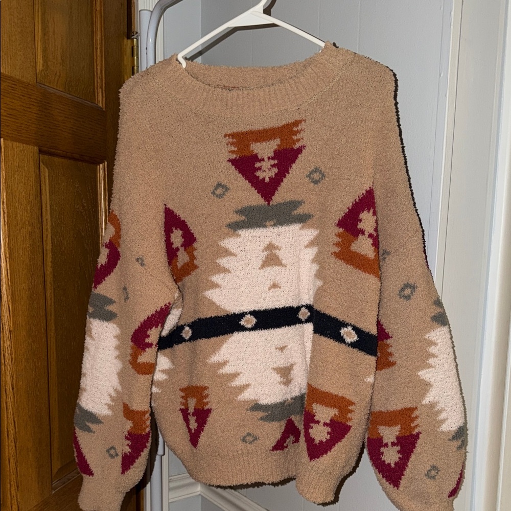 KEREN hart Geometric Sweater - Tan, Red, Cream, and Black